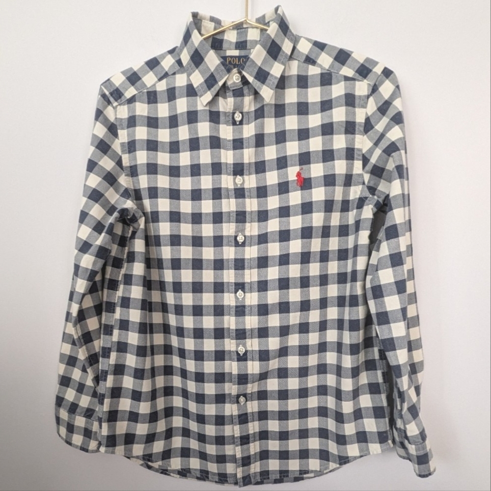 Polo Ralph Lauren Plaid Button Down L/S Shirt Size Large 14-16 Blue White EUC